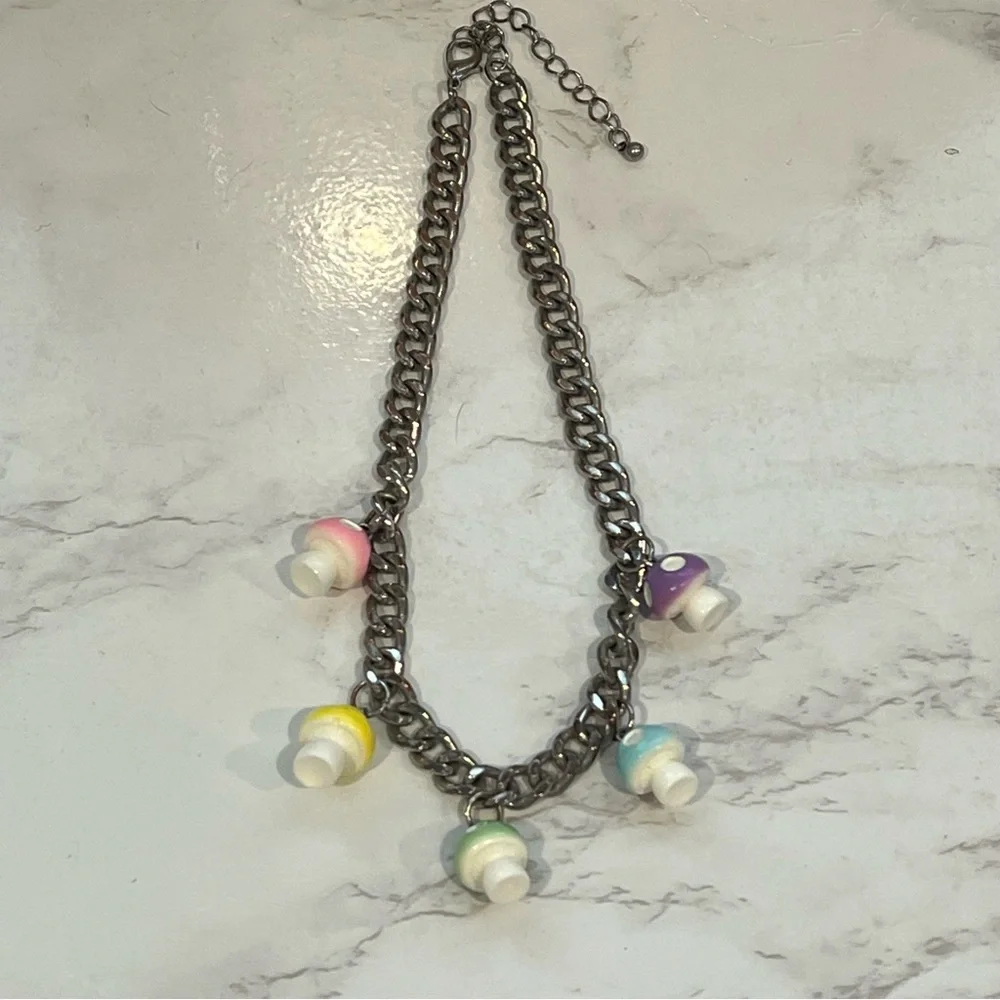 Whimsical Pastel Mushroom Chunky Chain Choker – Cottagecore Aesthetic